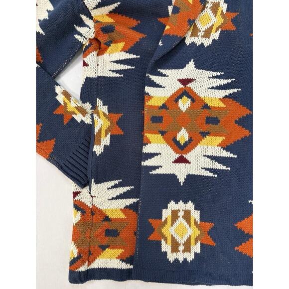 Lucky Brand Aztec Tribal Cardigan Sweater Coatigan Large Shawl Collar Southwest - Picture 7 of 11